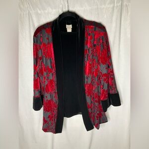 Chico's Travelers Size 2 Large 12/14 Open Velvet Floral Kimono Jacket Red Black